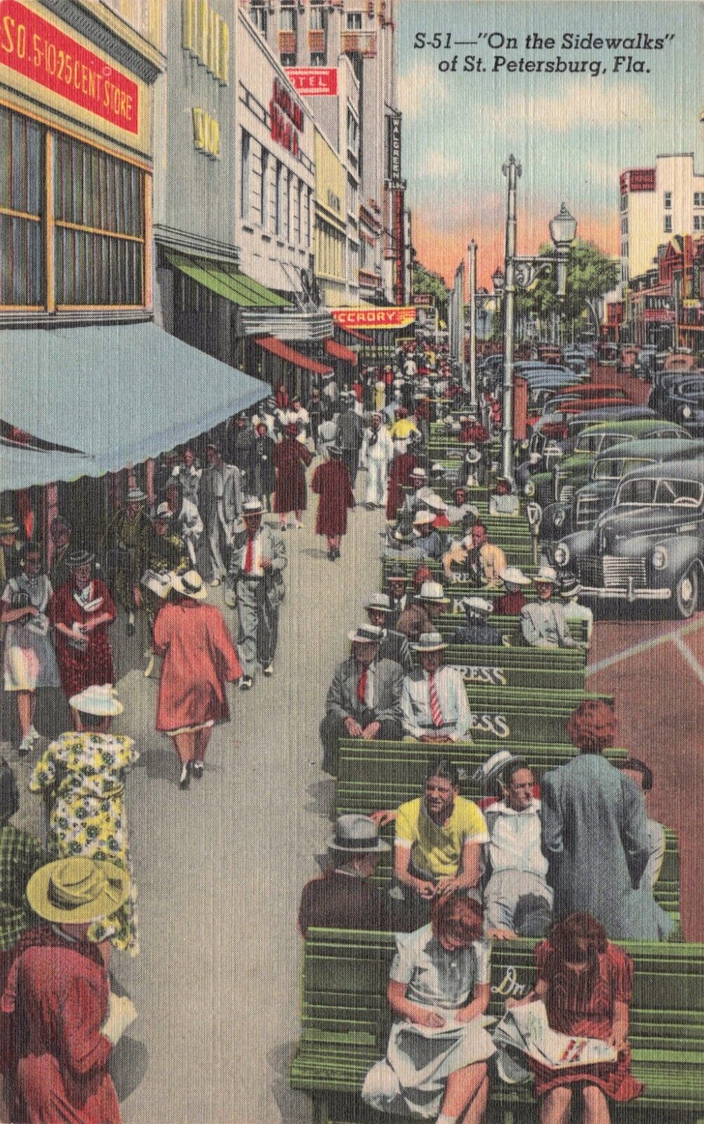 St. Petersburg Florida FL Sidewalks Old Cars Curt Teich Linen Vintage Postcard