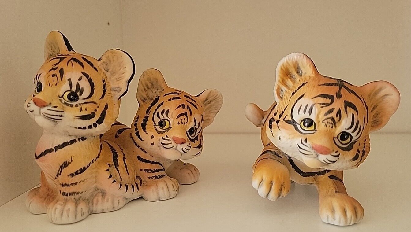 Vtg Enesco Endangered Young'Uns Porcelain Tiger Cub Cat Figurines 1984 Morehead