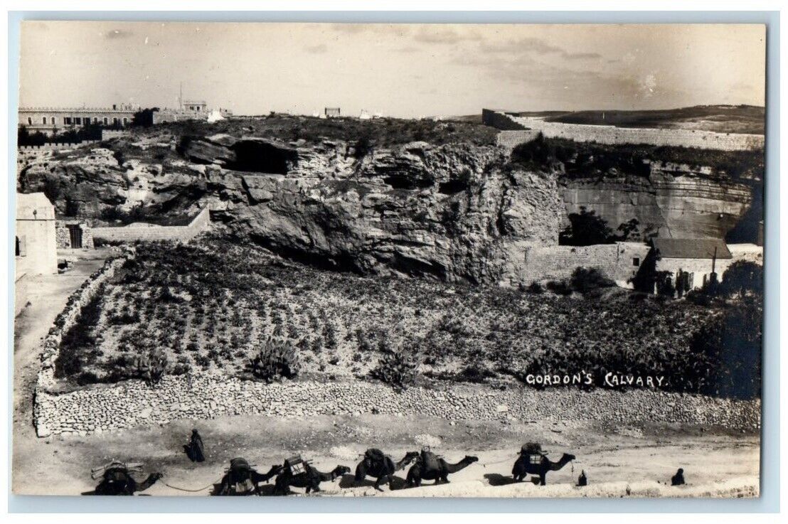 c1920\'s The Garden Tomb Gordon\'s Calvary Camels Jerusalem Israel RPPC Postcard