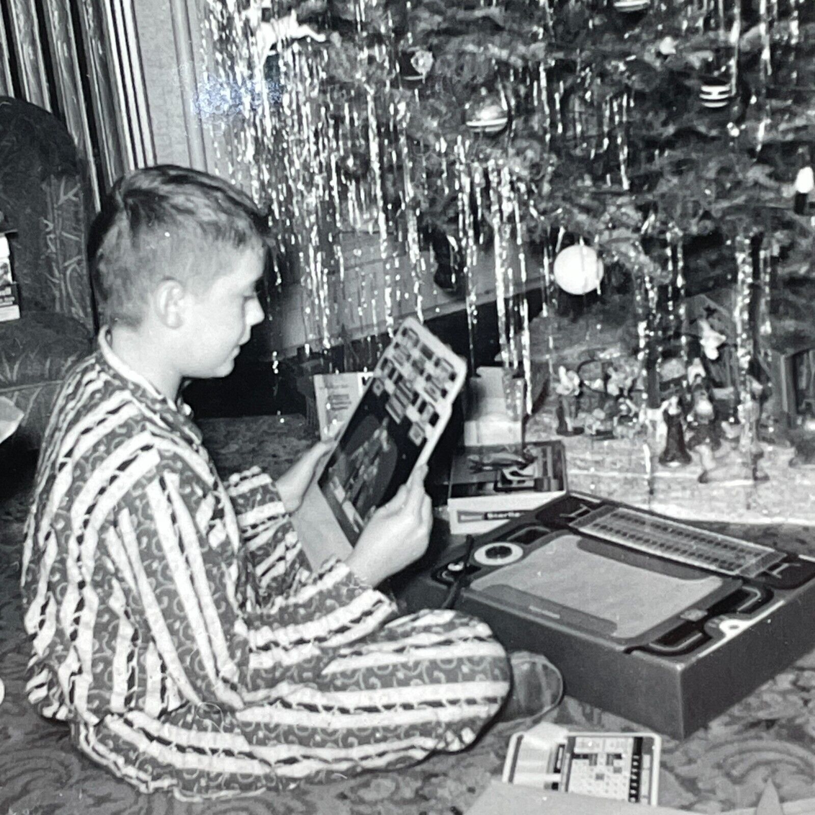 TC Photograph Boy Opening Gifts Toys Decorated Christmas Tree Morning 1958