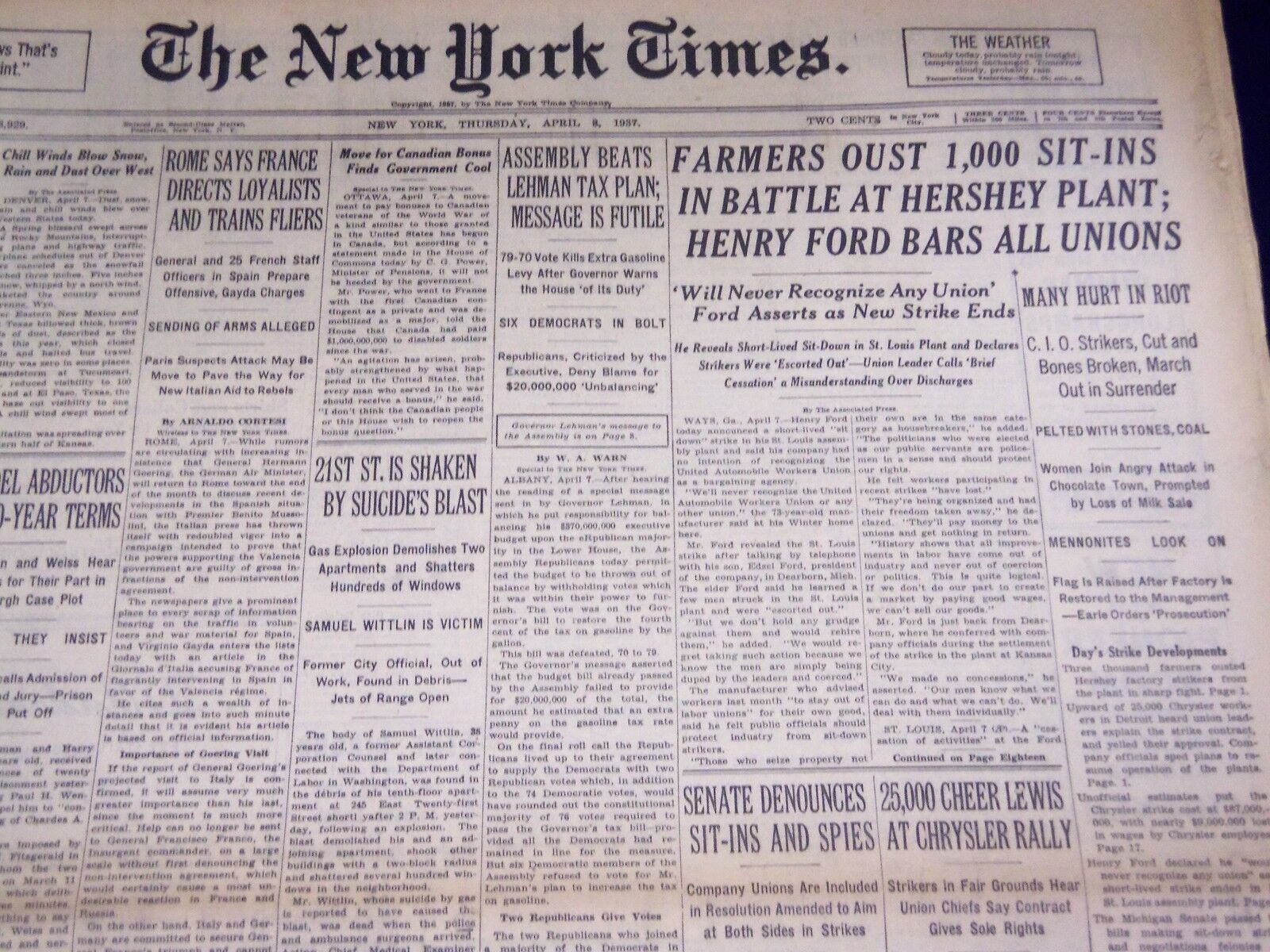 1937 APRIL 8 NEW YORK TIMES - HENRY FORD BARS ALL UNIONS - NT 3095