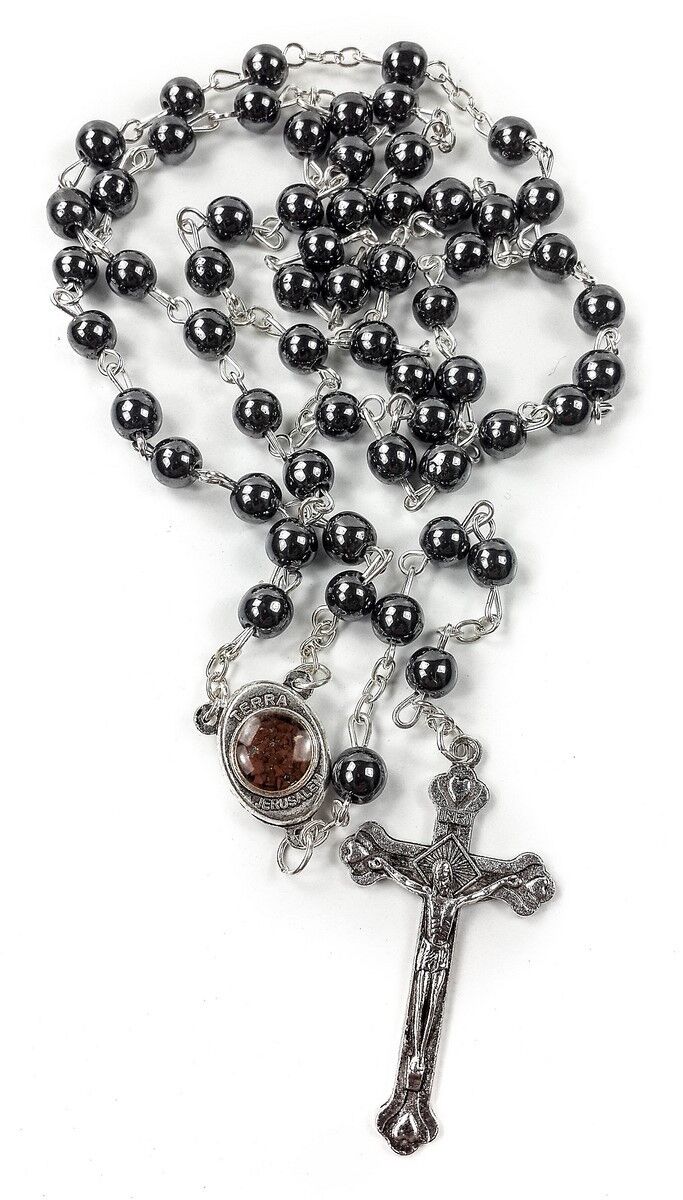 Hematite Rosary Black Stone Beads Necklace Jerusalem Holy Soil Cross