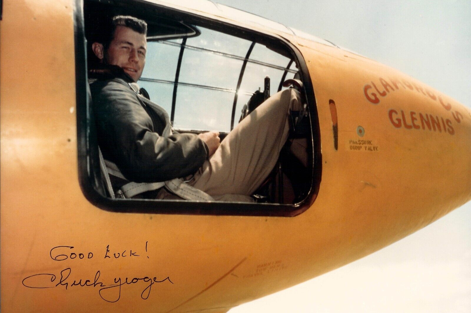 CAPTAIN CHUCK YEAGER IN BELL X-1 COCKPIT GLAMOROUS GLENNIS - 4X6 PHOTO REPRINT