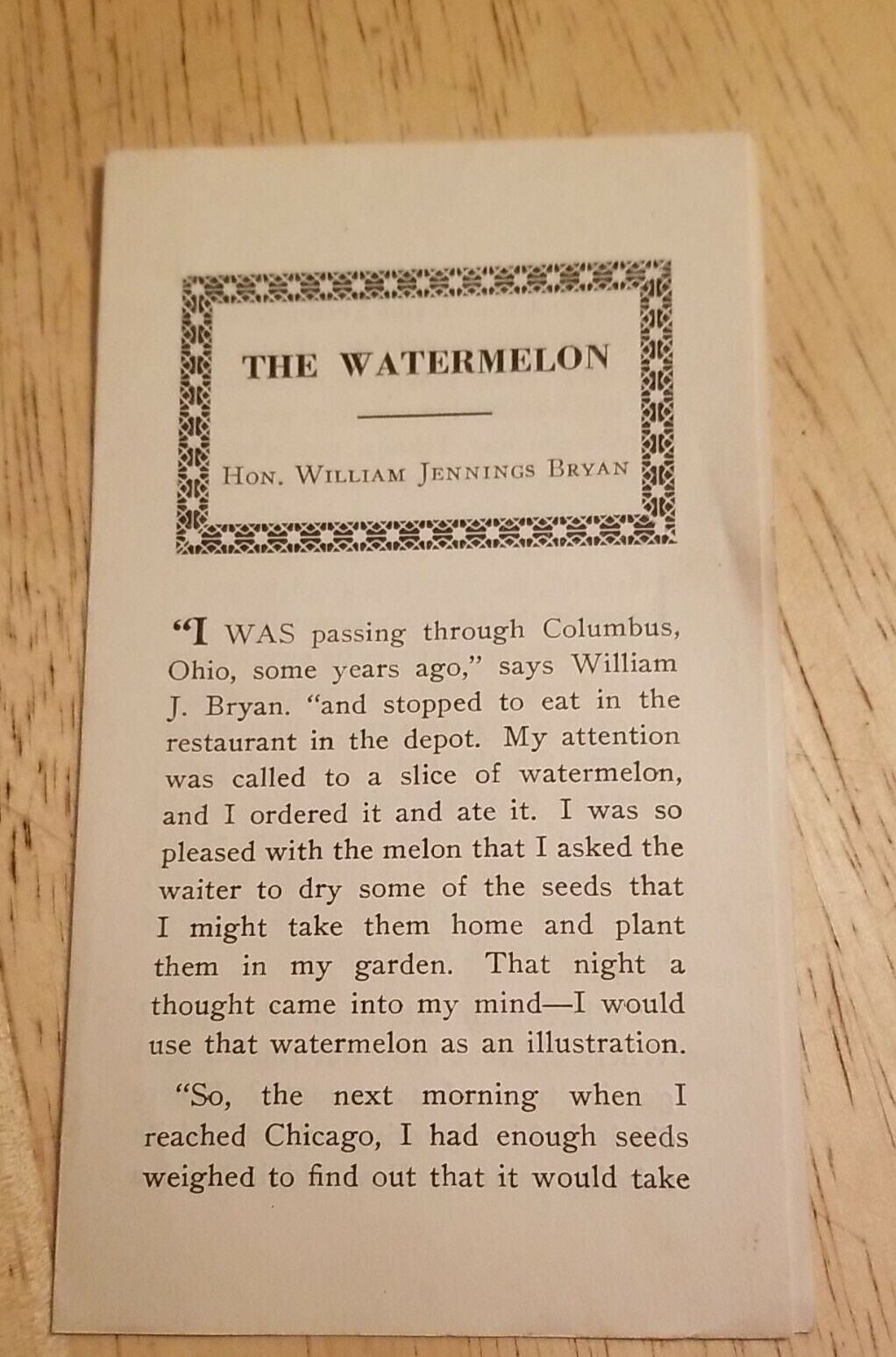Old brochure The Watermelon Hon. William Jennings Bryan American Tract Society