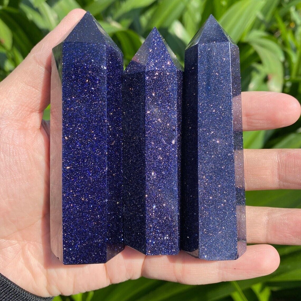 1 PCS 3 inch Blue Goldstone Point Obelisk Galaxy Space Crystal Tower Wand Decor