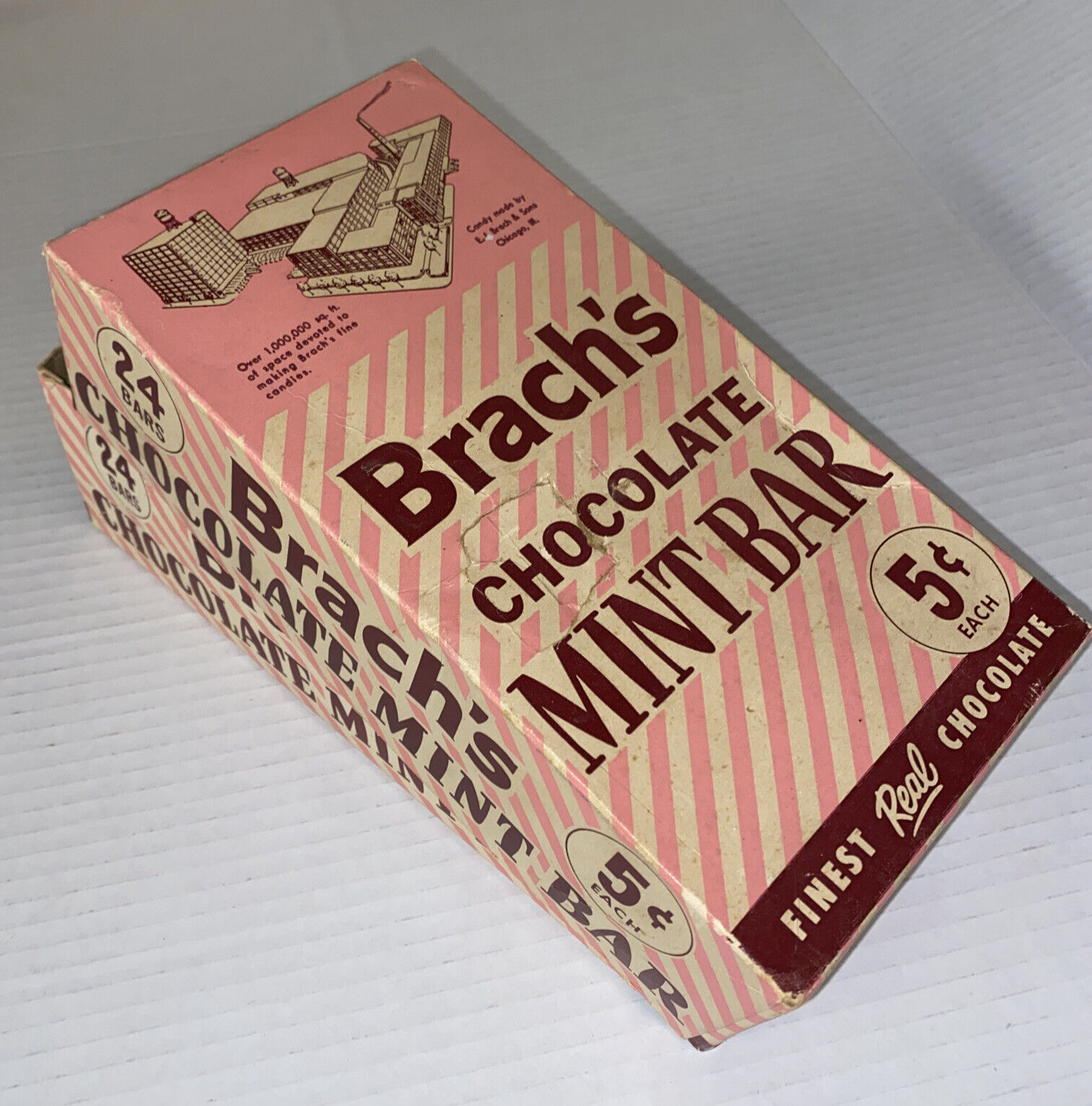 Vintage Brachs Chocolate Mint Bars Litho EMPTY Candy Box Pink Stripes Movie Prop