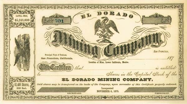 El Dorado Mining Co. - Stock Certificate - Mining Stocks