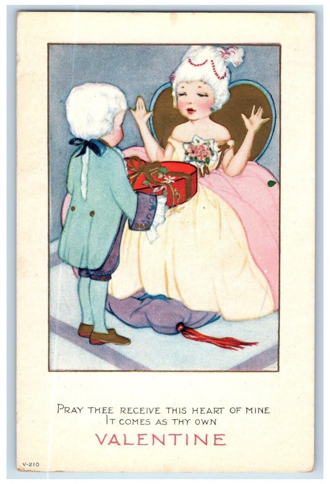 c1910's Valentine Pretty Girl Boy Offered Heart Gift Embossed Antique Postcard