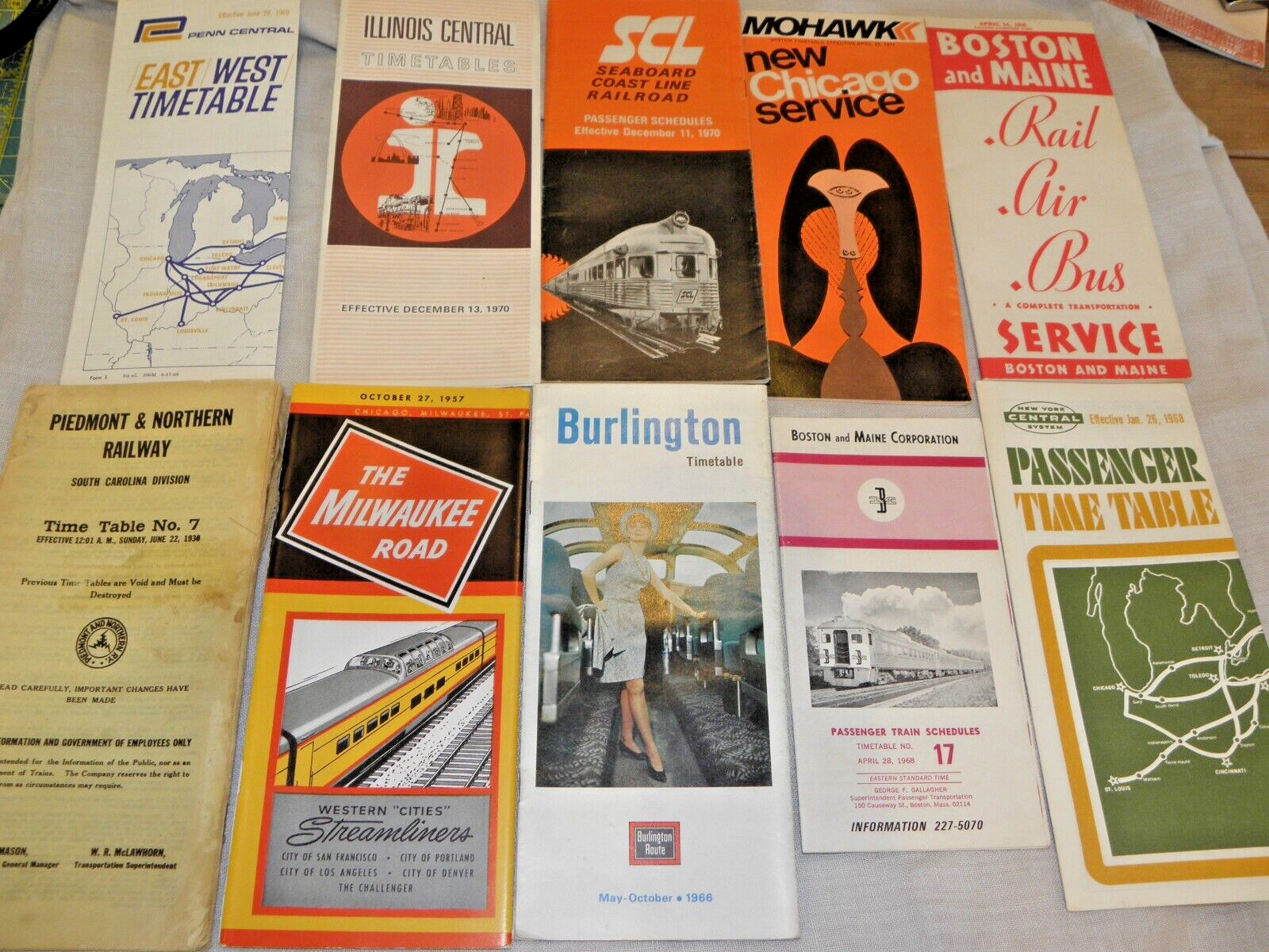 Lot of 10 Vintage 50s 60s 70s & 1930 1936 - Railroad Time Tables Schedules Maps