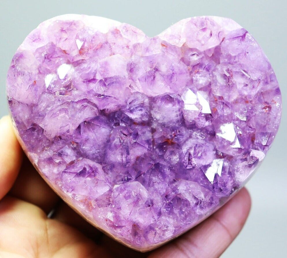 469g Natural Amethyst Geode Quartz Crystal Cluster Carved Heart Mineral Specimen