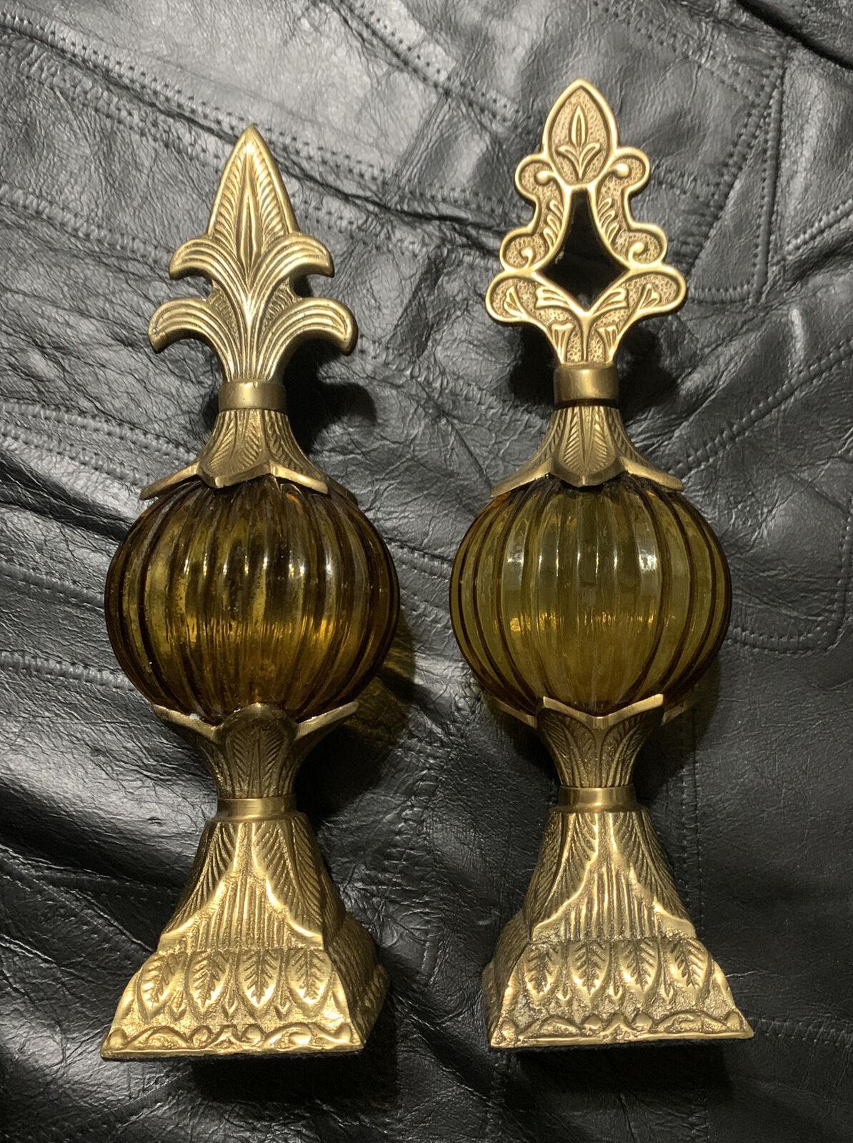 PAIR OF VINTAGE SOLID BRASS & AMBER YELLOW GLASS ART DECOR. India Made 9.5” H
