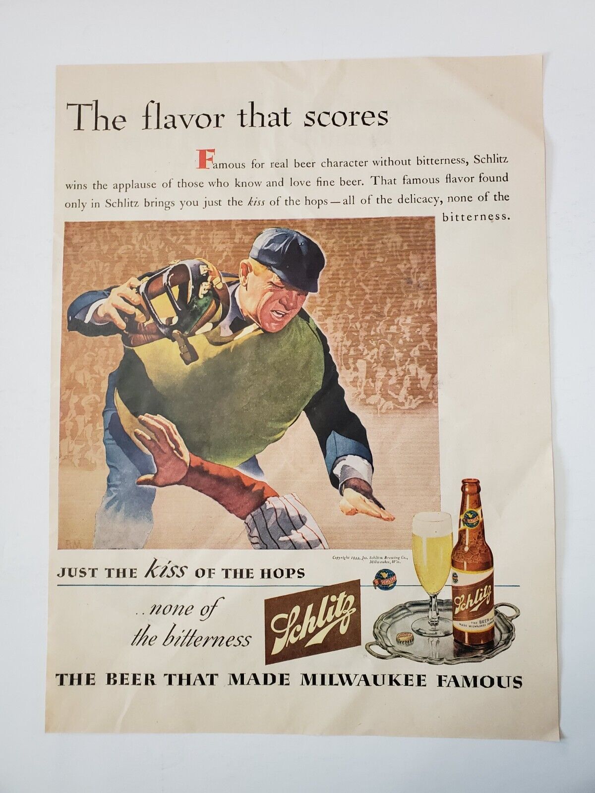 1944 Schlitz Beer Vintage WWII Print Ad Umpire Making The Call At Home Plate