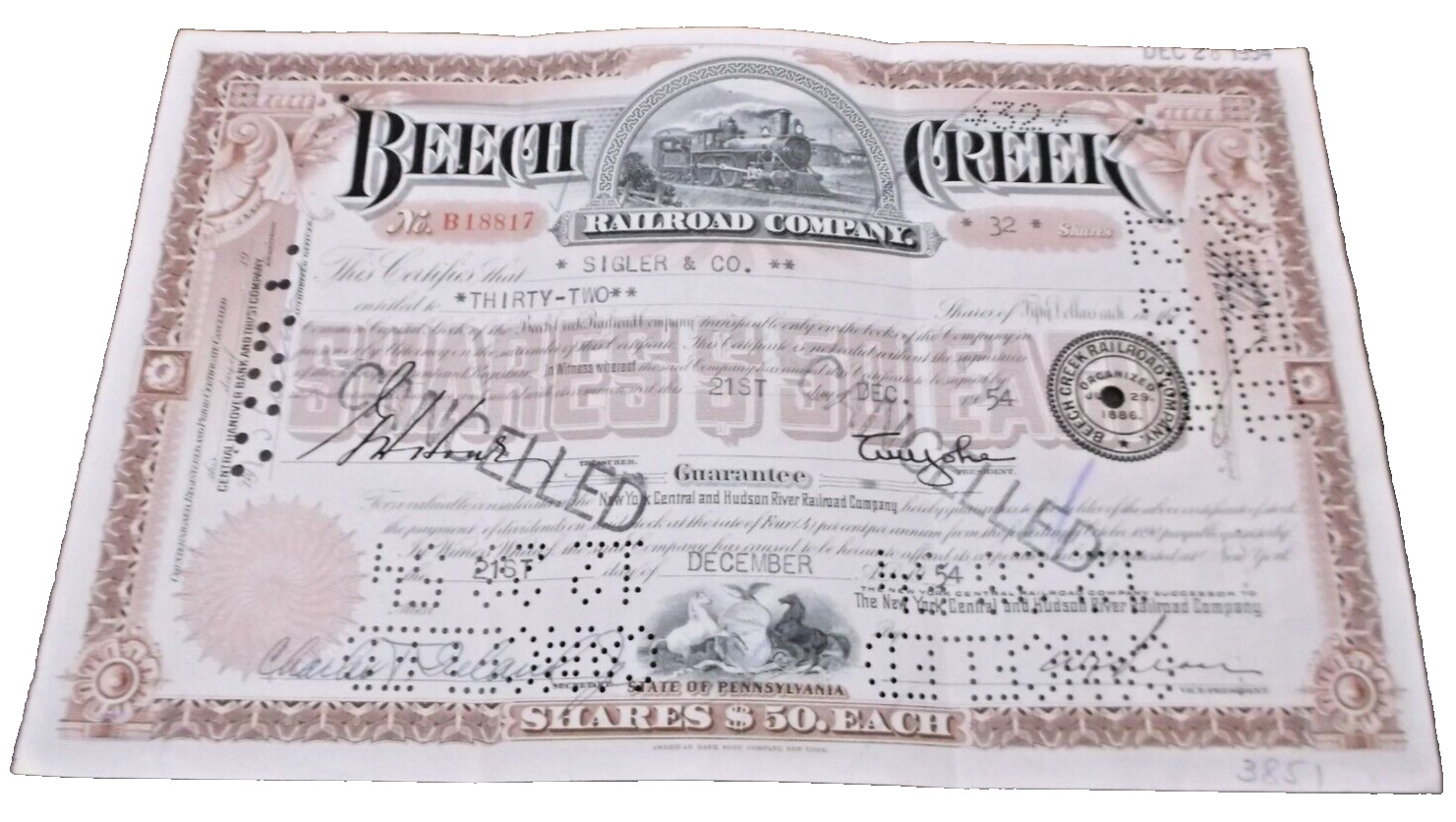1954 BEECH CREEK RAILROAD COMPANY STOCK CERTIFICATE