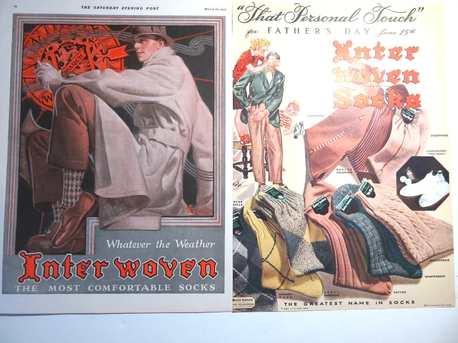 2 Vintage INTER WOVEN SOCK Advertisement 1928/41