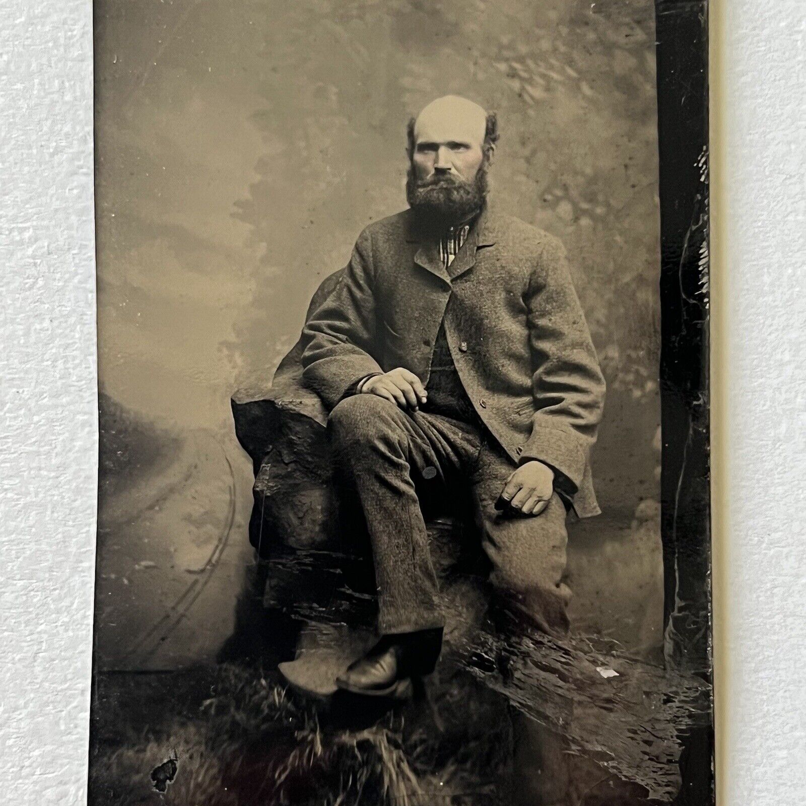 Antique Tintype Photograph Interesting Man Bald Head Thick Beard