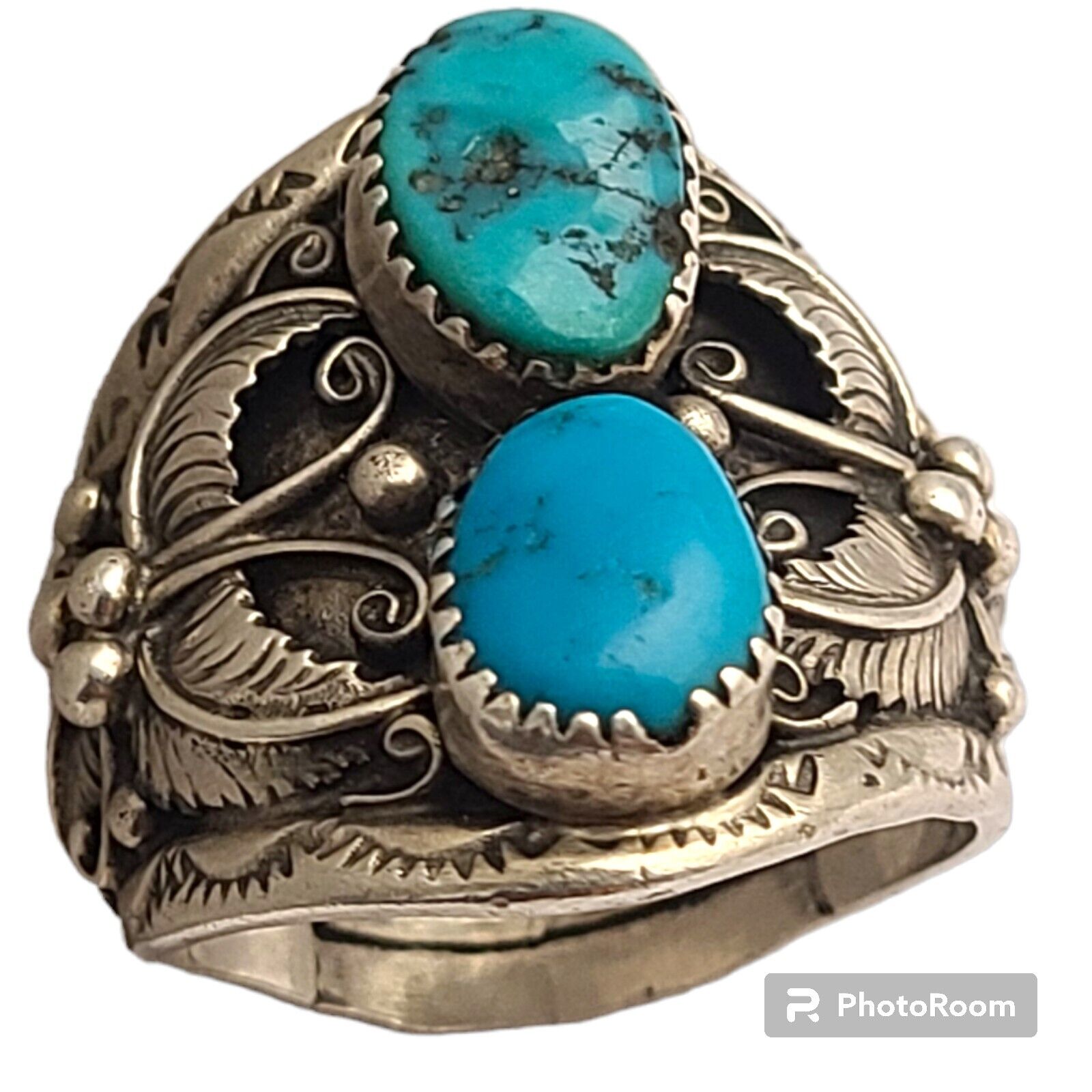 Navajo Sleeping Beauty Turquoise Sterling Silver Floral Leaf Design Ring Sz14