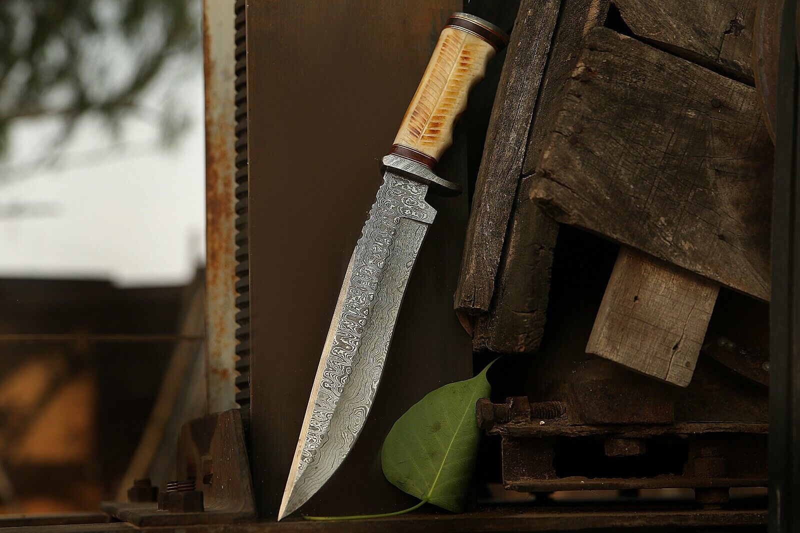 15'' Hand Forged Bowie Knife, Beautiful Bone Handle, Damascus knife with sheath