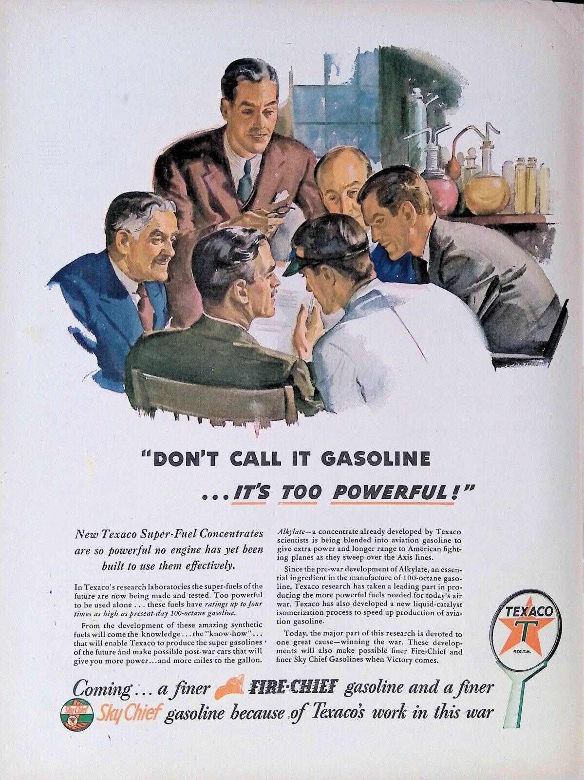 Print Ad 1940's Texaco Fire-Chief Gasoline Research Laboratory Male Scientists