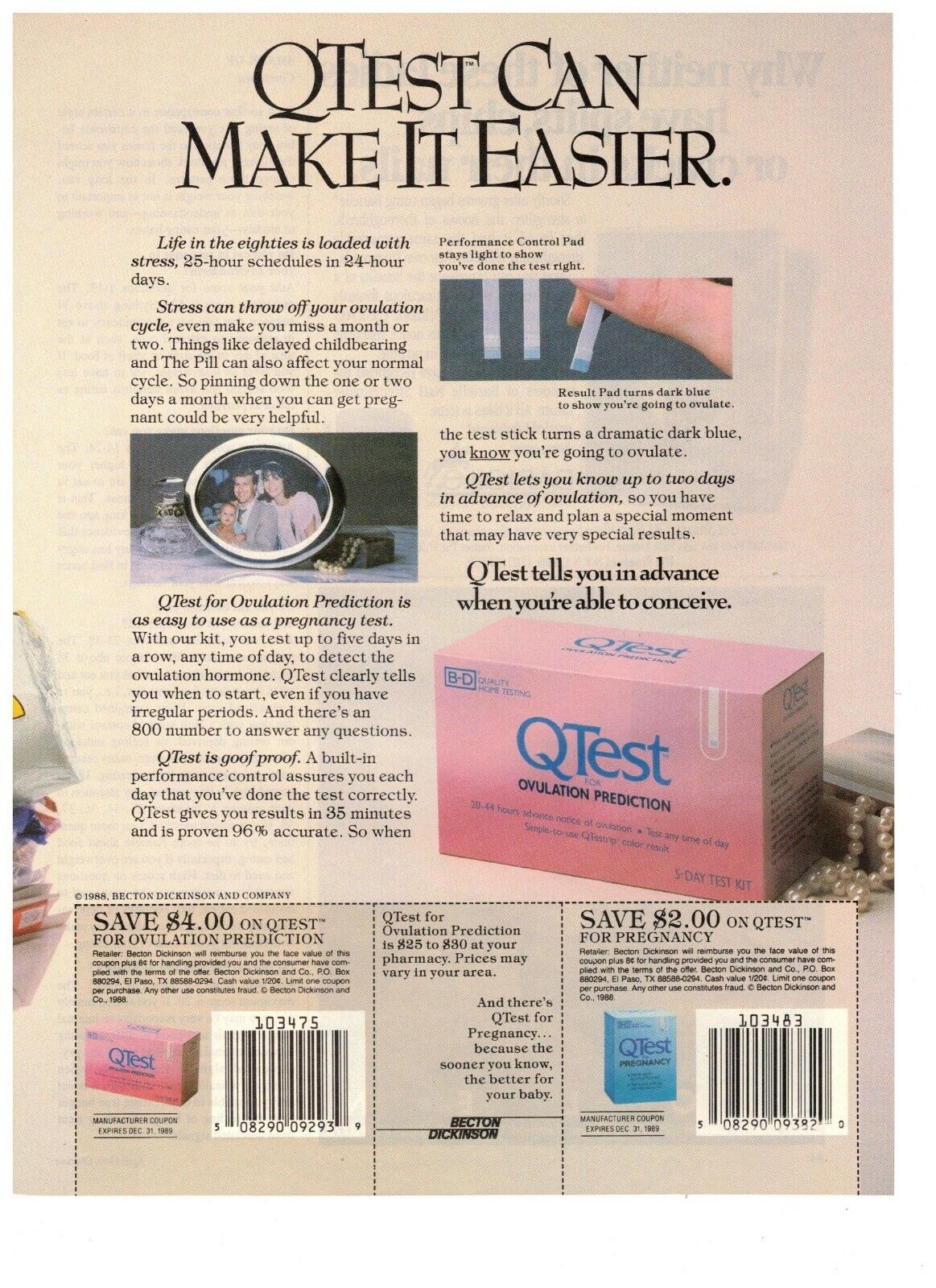 1989 QTest Ovulation Prediction Test Fertility Vintage Print Advertisement