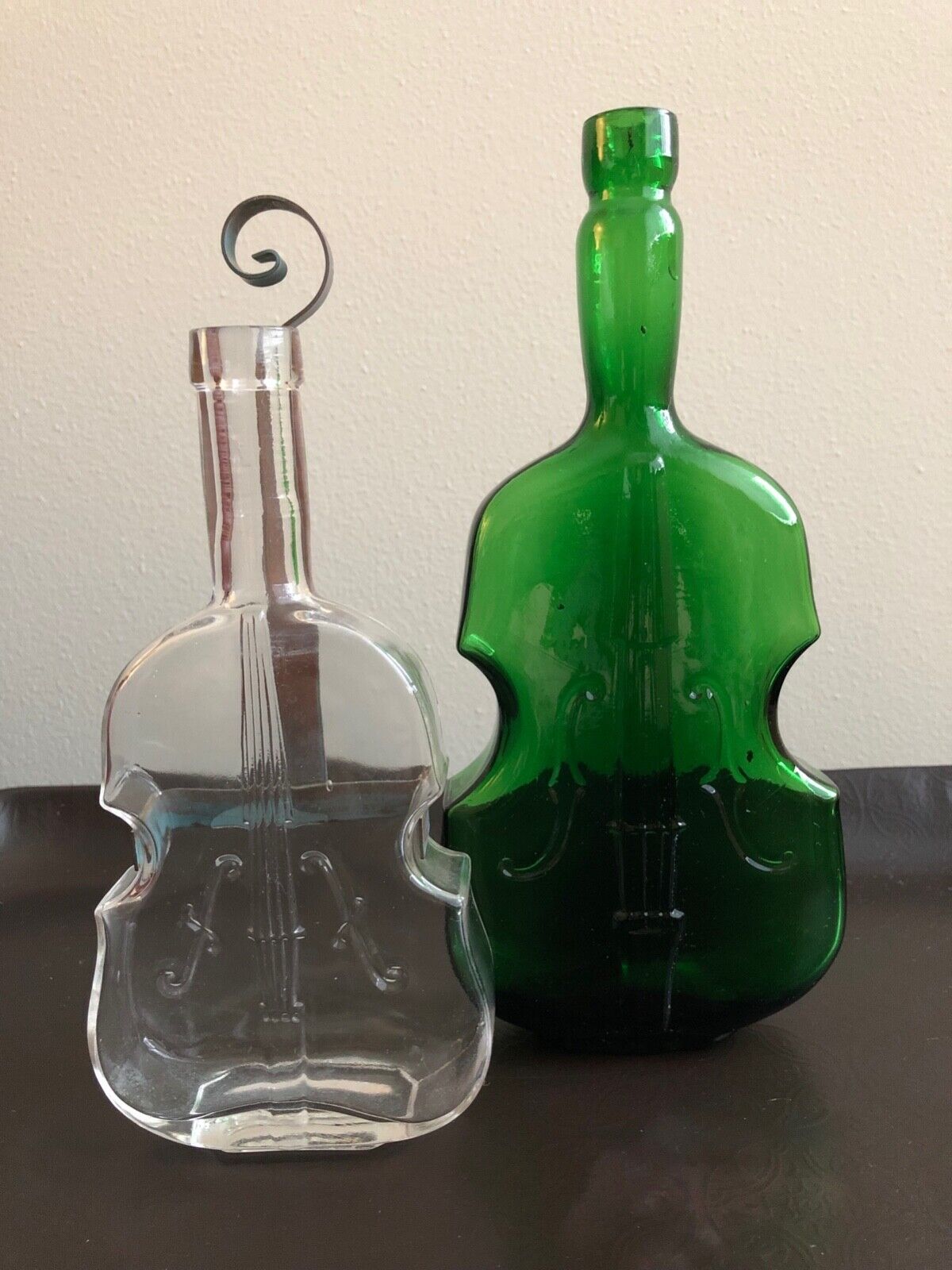 Rare clear glass violin vase with hanger and green Cello