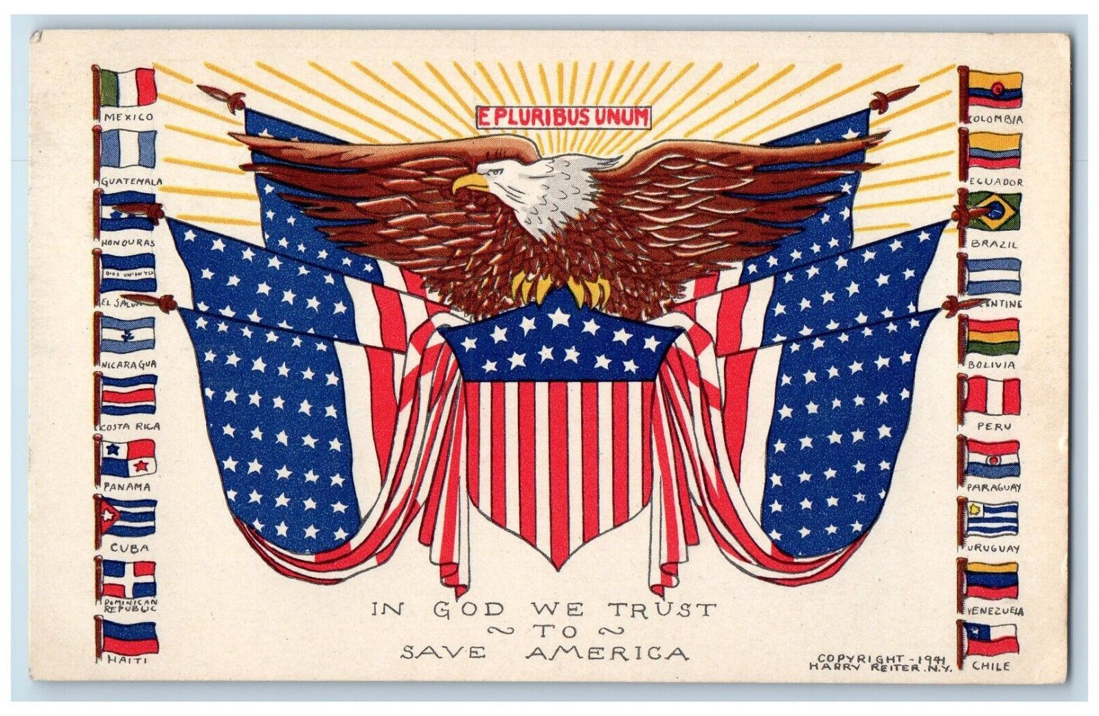 c1910's American Patriotic Country Flags Eagle WWI Unposted Antique Postcard