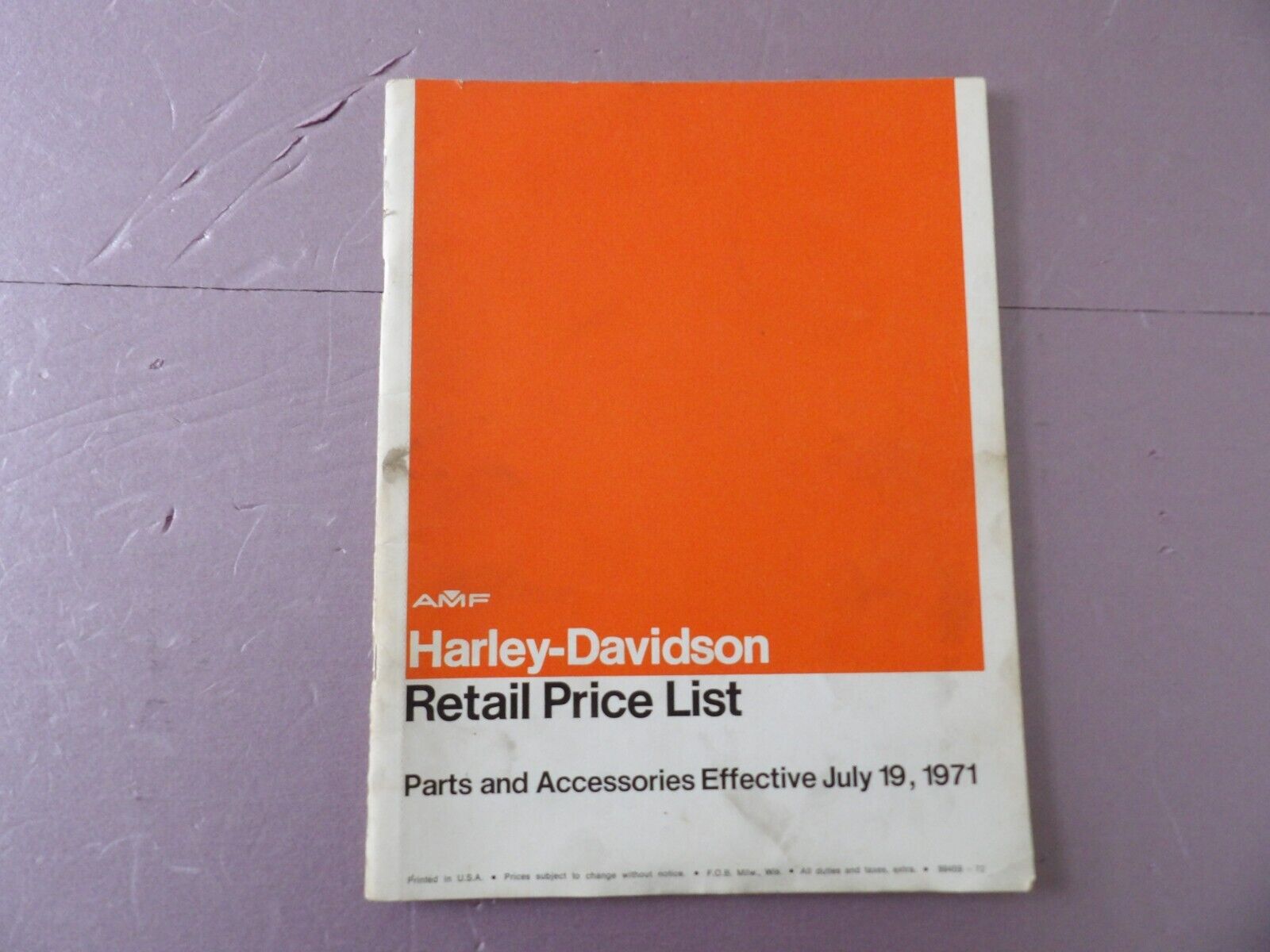 Used AMF Harley Davidson Retail Price List Motorcycle Parts July 19, 1971