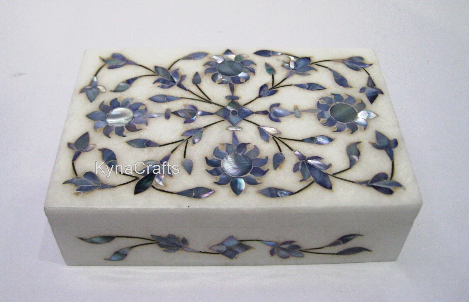 6x4 Inches White Marble Handmade Box Blue Mother of Pearl Inlay Work Jewelry Box