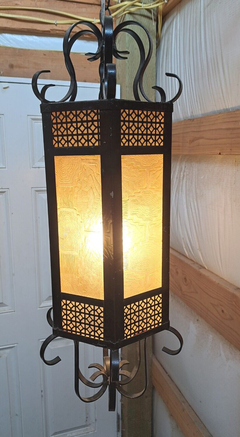 LARGE Mid Century Modern Orange Hanging Iron Lamp Retro BOHO Decor