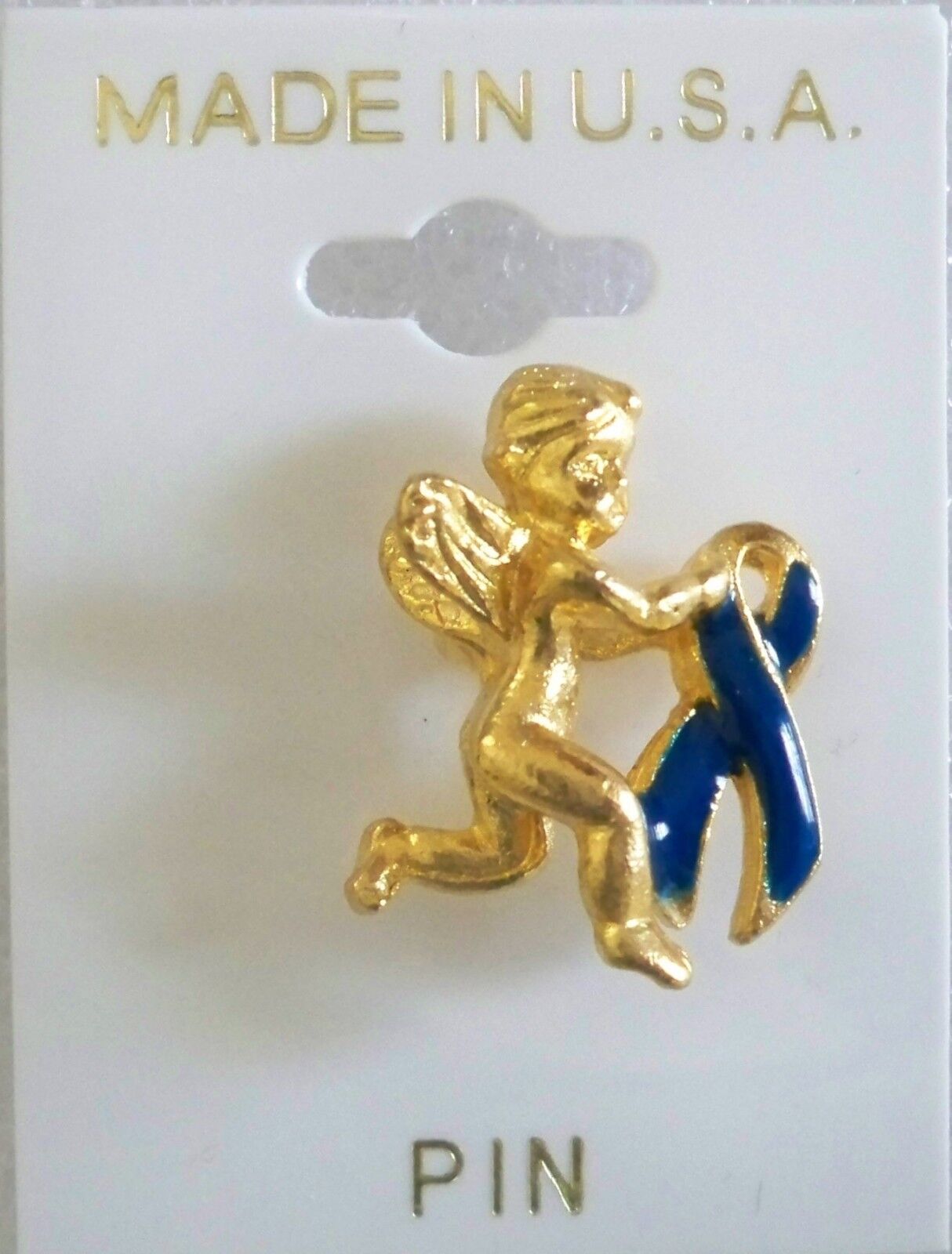 Colon Cancer Awareness blue ribbon running angel pin,gold plated,made in USA
