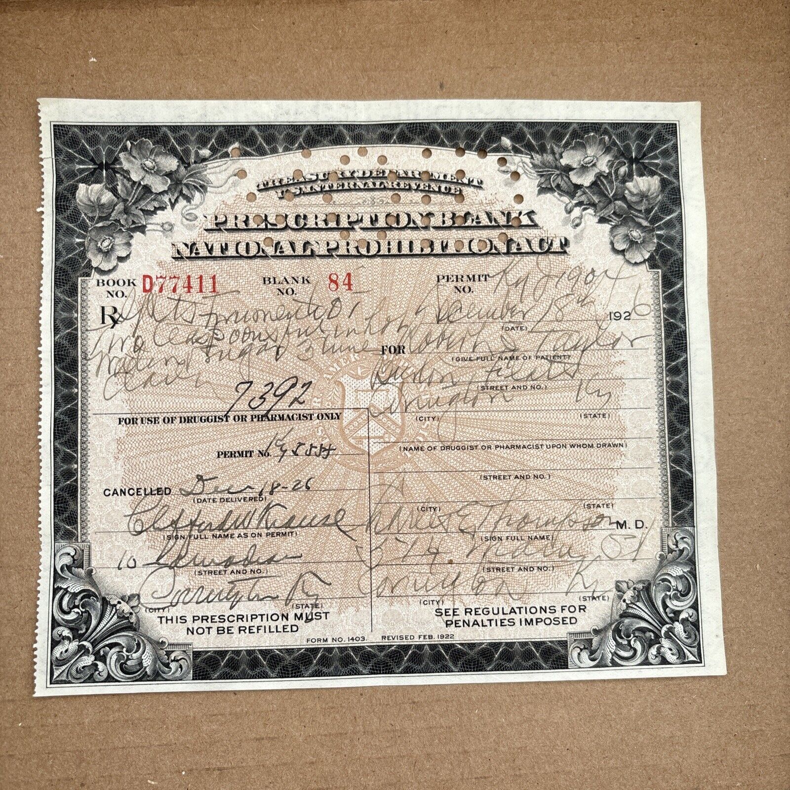1926 PROHIBITION PRESCRIPTION for alcohol / whiskey Spiritus Frumenti Kentucky