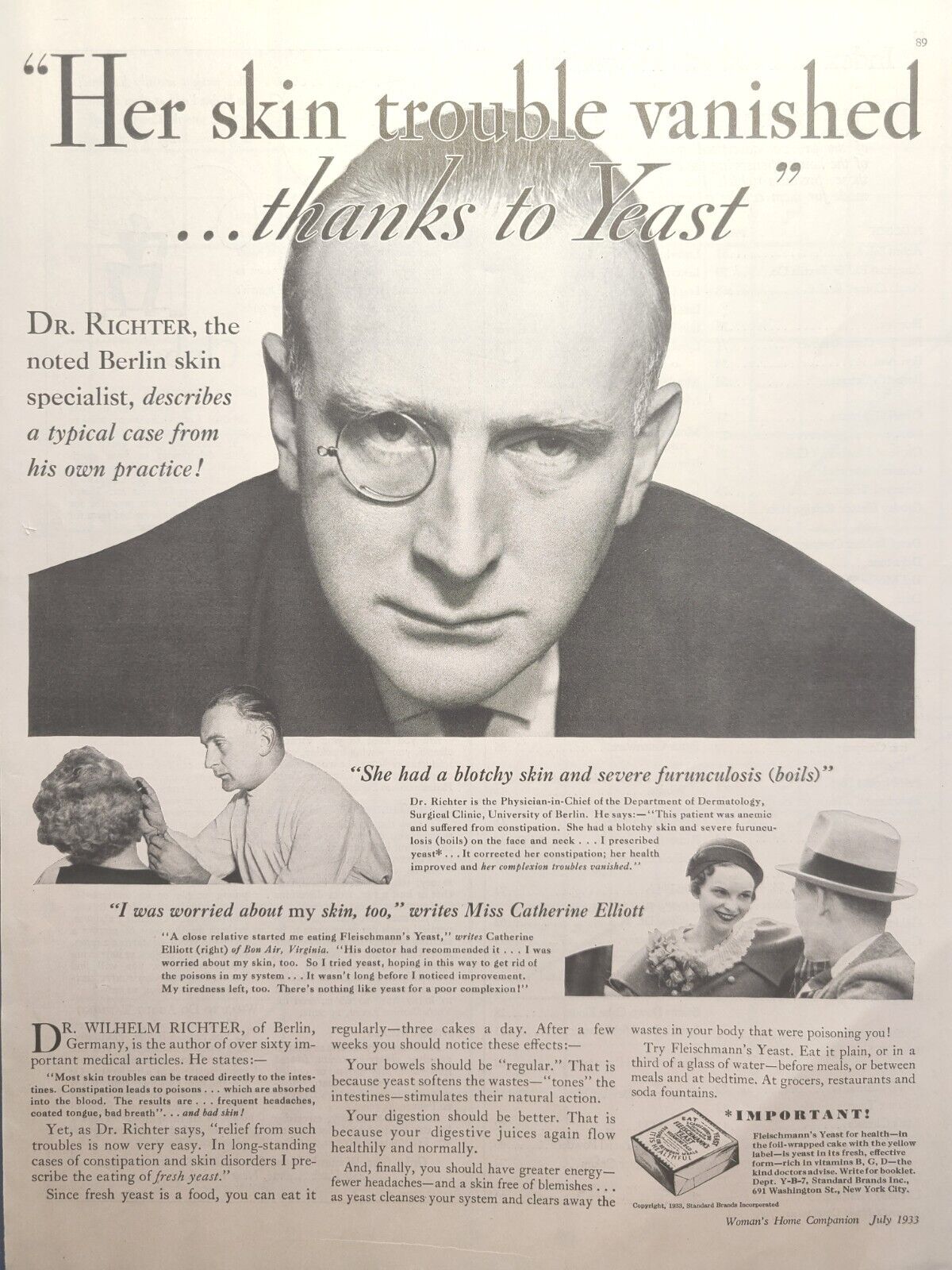 Fleischmann\'s Yeast Health Dr. Richter Berlin Dermatology Vintage Print Ad 1933