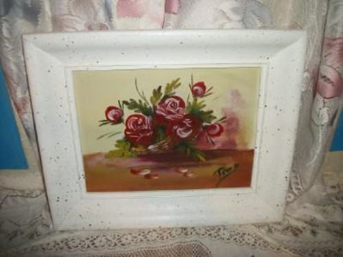 ROSES OIL PAINTING STYLIZED RETRO CHUNKY WOOD FRAME SPATTERED SIGNED RUIZ 1950s