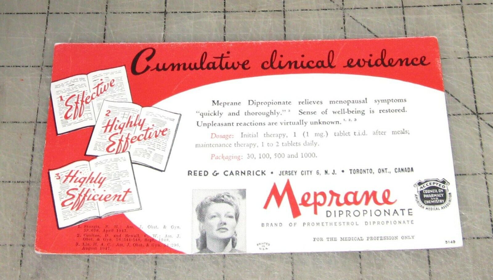 1947 MEPRANE Dipropionate for Menopause Pharmacy Drug Store Ink Blotter 