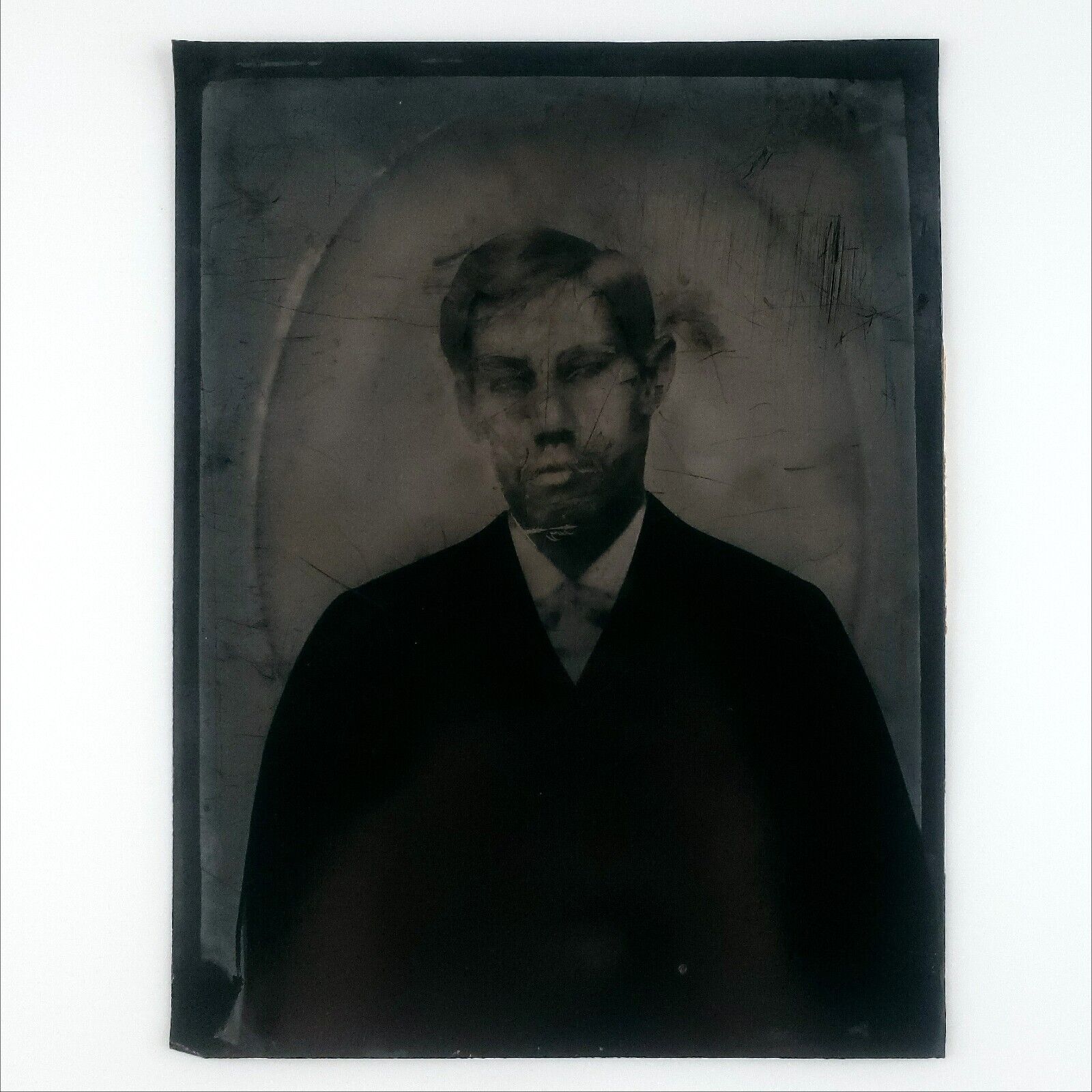 Full Plate Tintype Demonic Man c1870 Distressed Scratched Creepy Ghostly B288