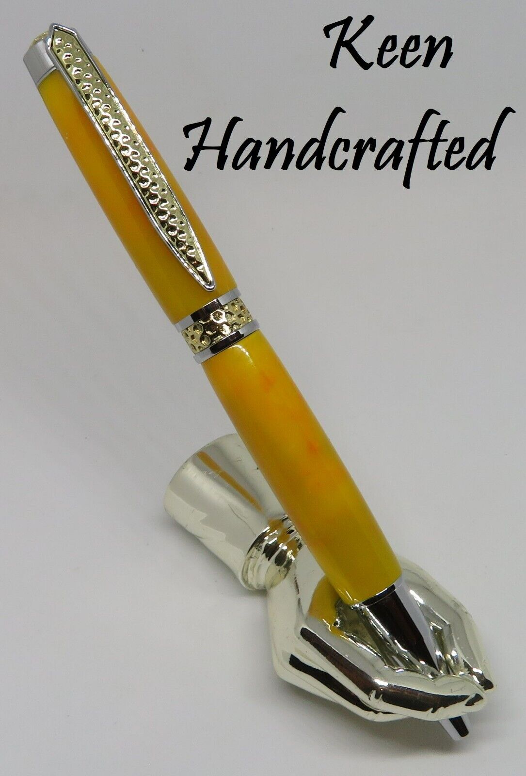 ms - Keen Handcrafted Handmade Yellow Orange Honeycomb Gold and Chrome Twist Pen