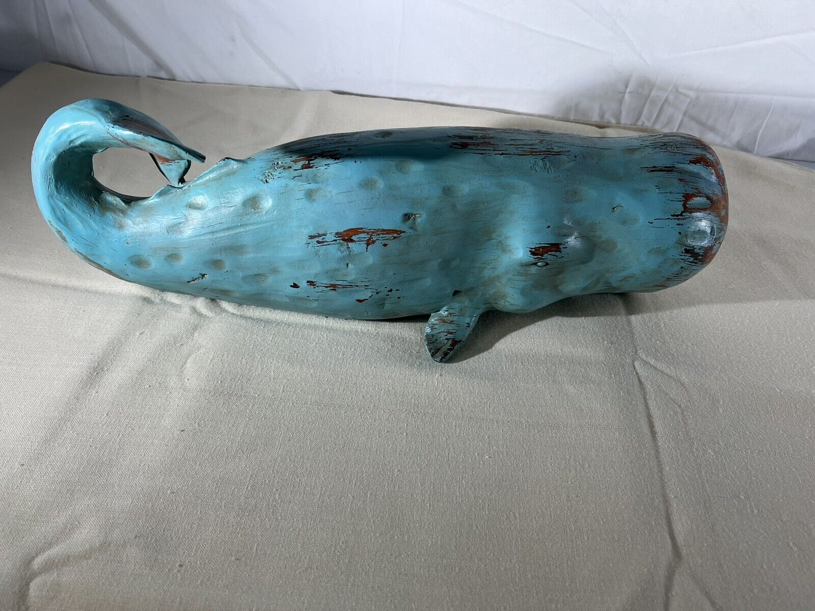 Carved Turquoise Blue Whale Rustic Nautical Display Figure 18” … Folk Art