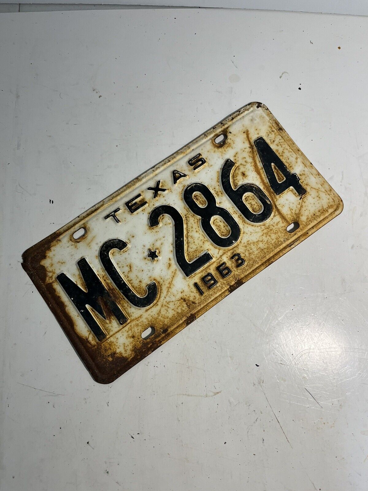 Vintage Texas License Plate 1963 Black Letters On White Star MC-2864