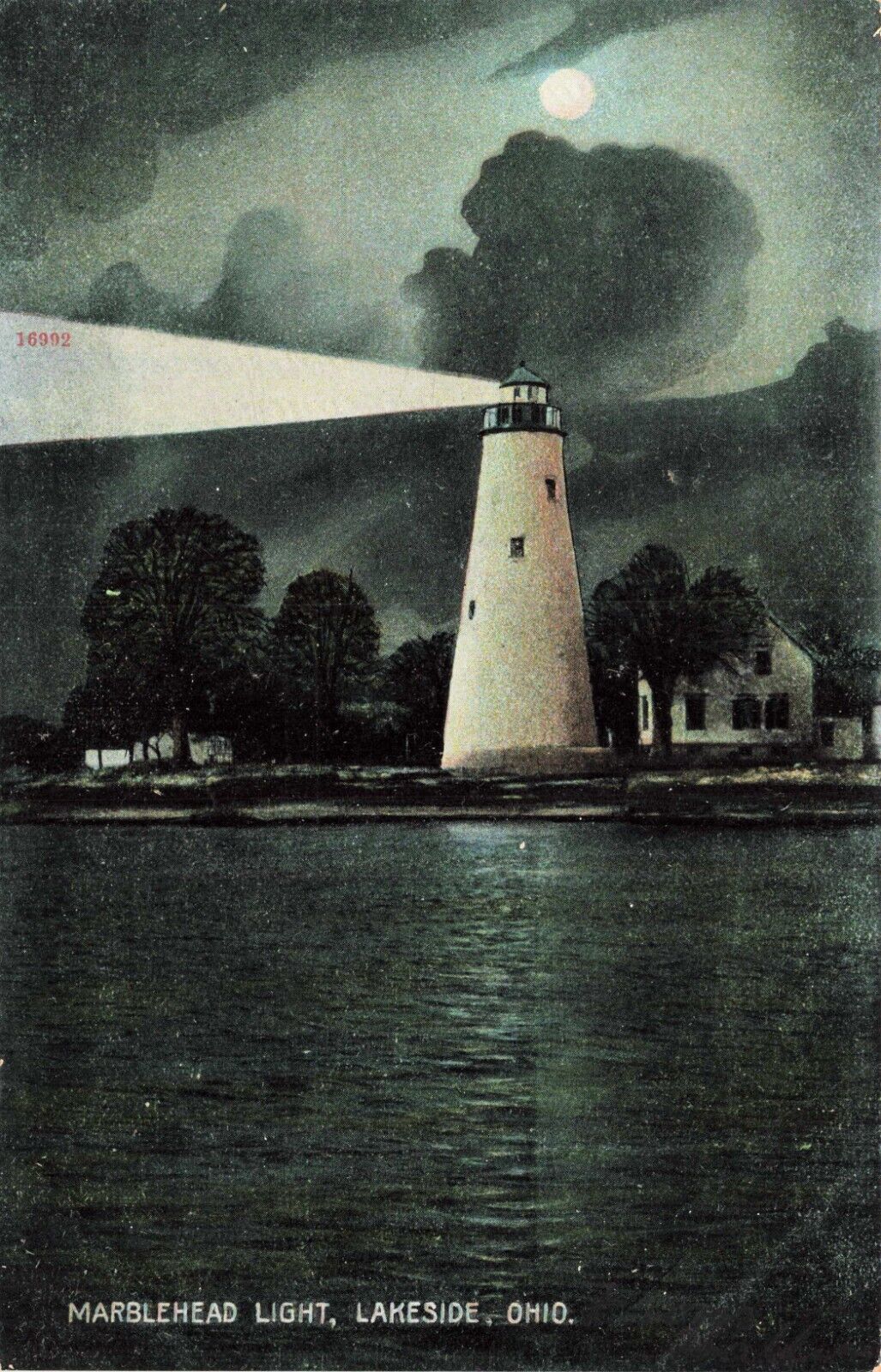 Marblehead Light Lakeside, Ohio Vintage PC Lighthouse at Night Unposted