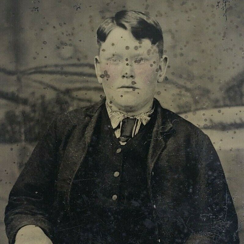 Chubby Serious Young Man Boy Vest 1880s 1/6 Plate Tintype Ferrotype Photo F17
