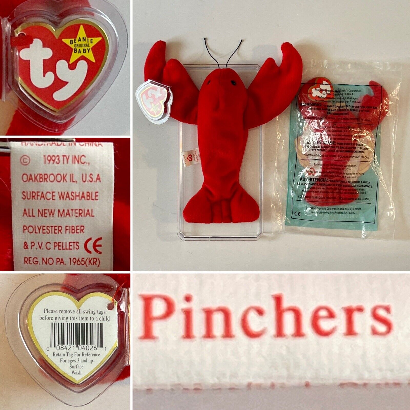 Ty Beanie & Teenie Babies Pinchers Red Lobster 3rd 4th Gen Stuffed Toy PVC 1993