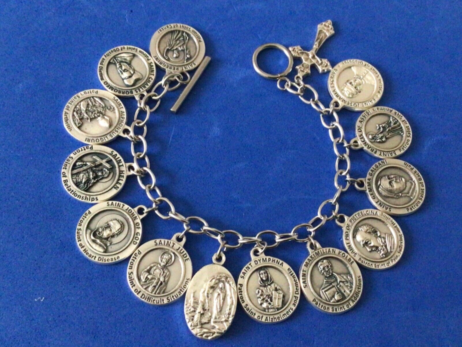 Custom Religious Catholic Saint Medal Charm Bracelet HEALING SAINTS 7.5” LOURDES