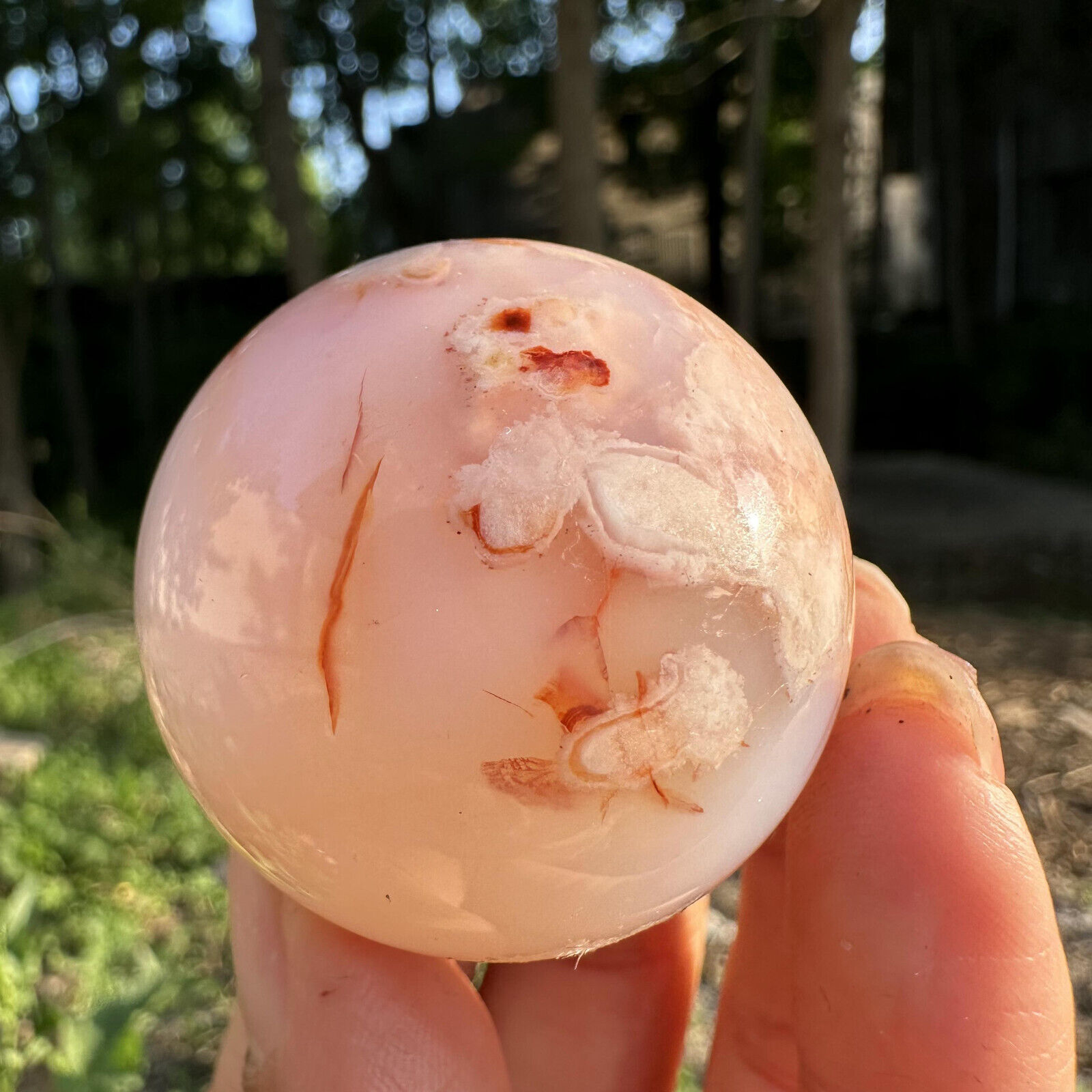 85g  Natural Cherry Blossom Agate Quartz Sphere Crystal Energy Ball Reiki Decor