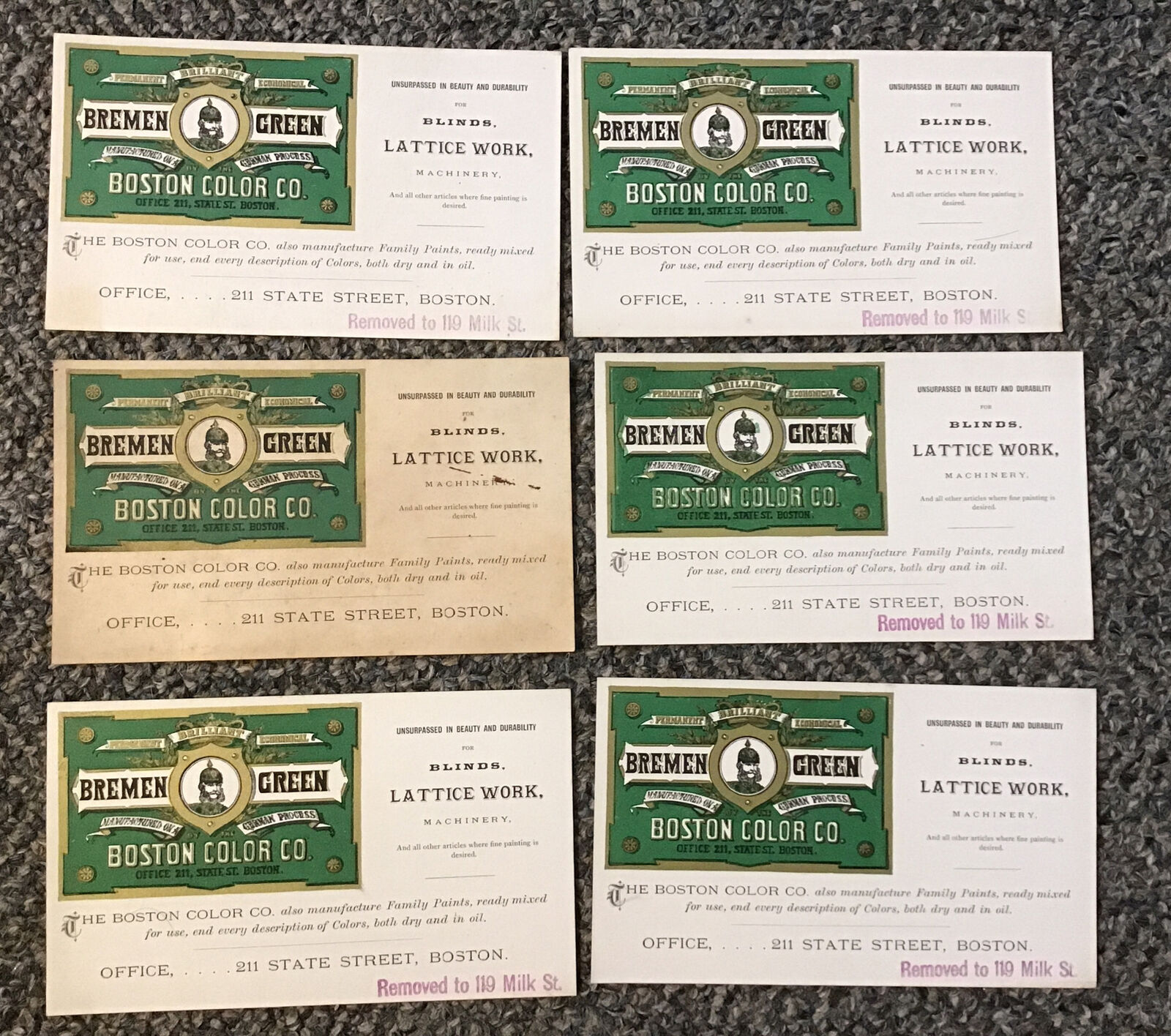 Boston Color Co Bremen Green German Process Paint Advertising Card Lot Of 6