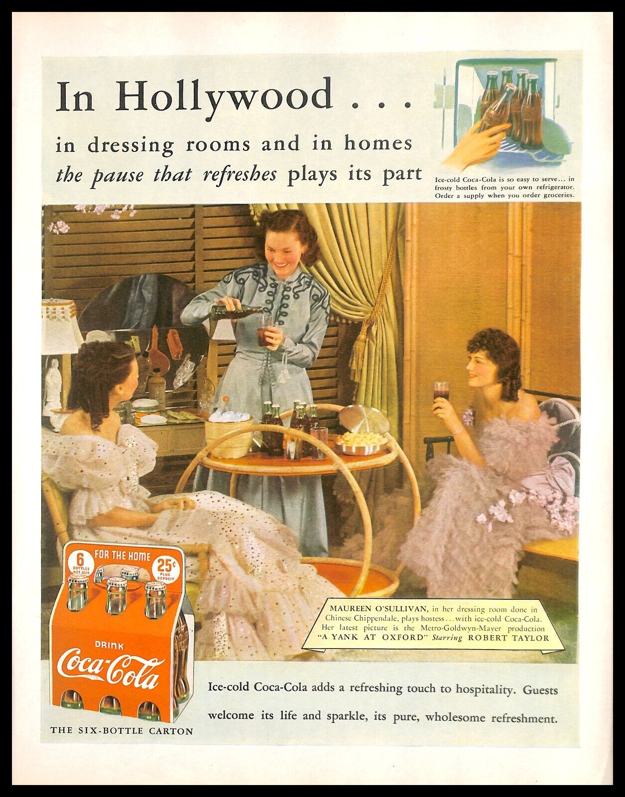 1938 Coca-Cola Vintage PRINT AD Maureen O\'Sullivan Hollywood RARE in Color