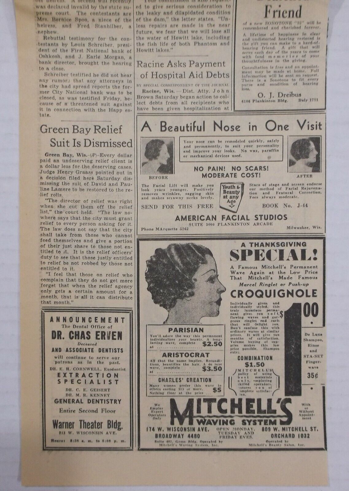 1935 Milwaukee PLASTIC SURGERY Newspaper AD ~ HAIR STYLIST/Mitchell St. ~ MARCEL