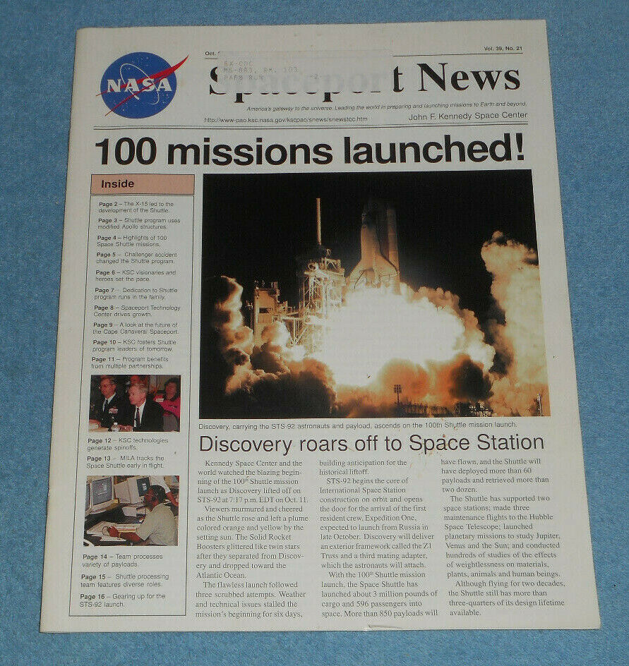 NASA KSC Spaceport News Oct 27 2000 100 Missions Launched STS-92 Shuttle Launch
