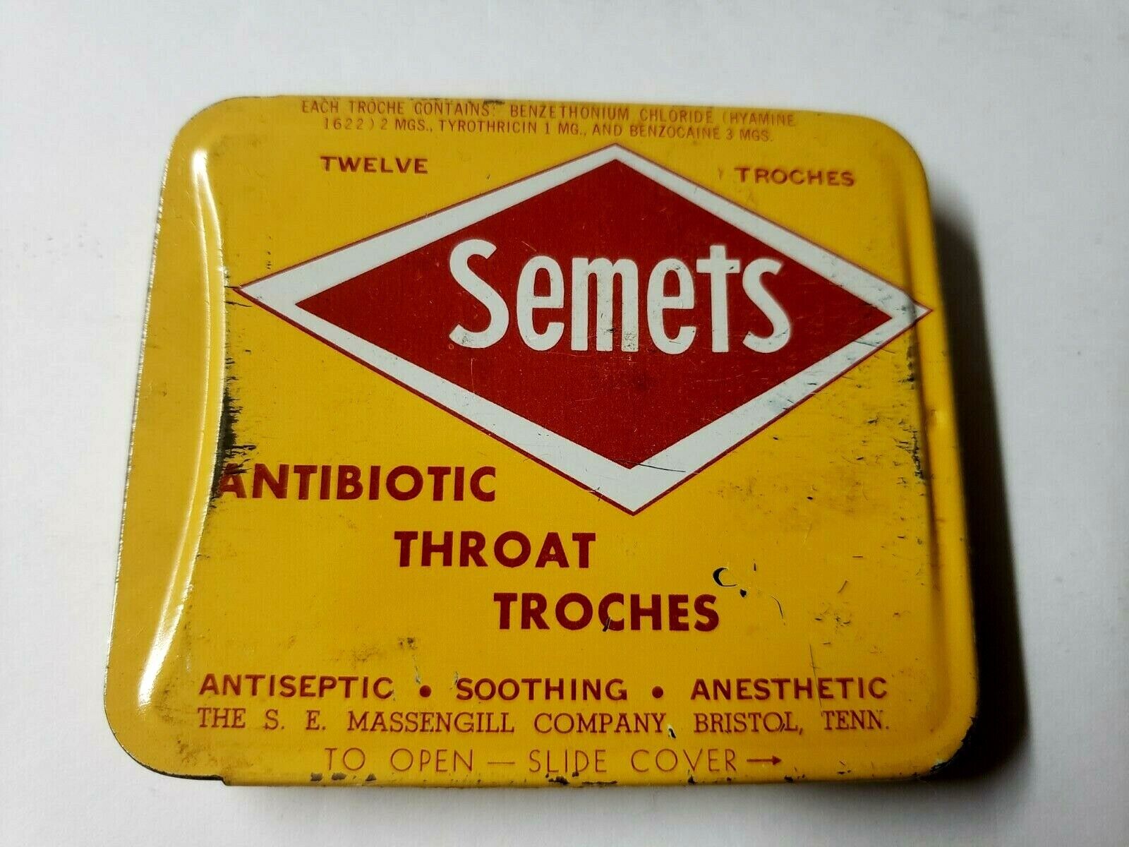 SEMETS Tin Antibiotic Throat Troches S.E. Massengill Slide Open Box Vintage