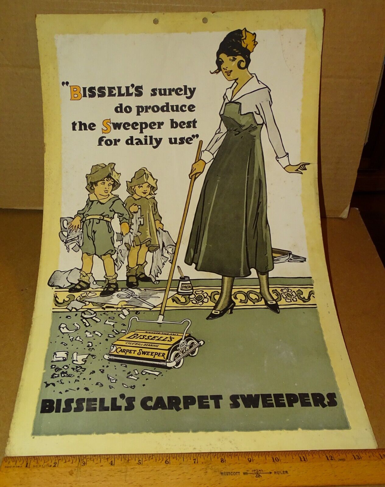 BISSELL\'S VACUUM SWEEPER Antique Cardboard Poster/Sign (crafty children) 1920s