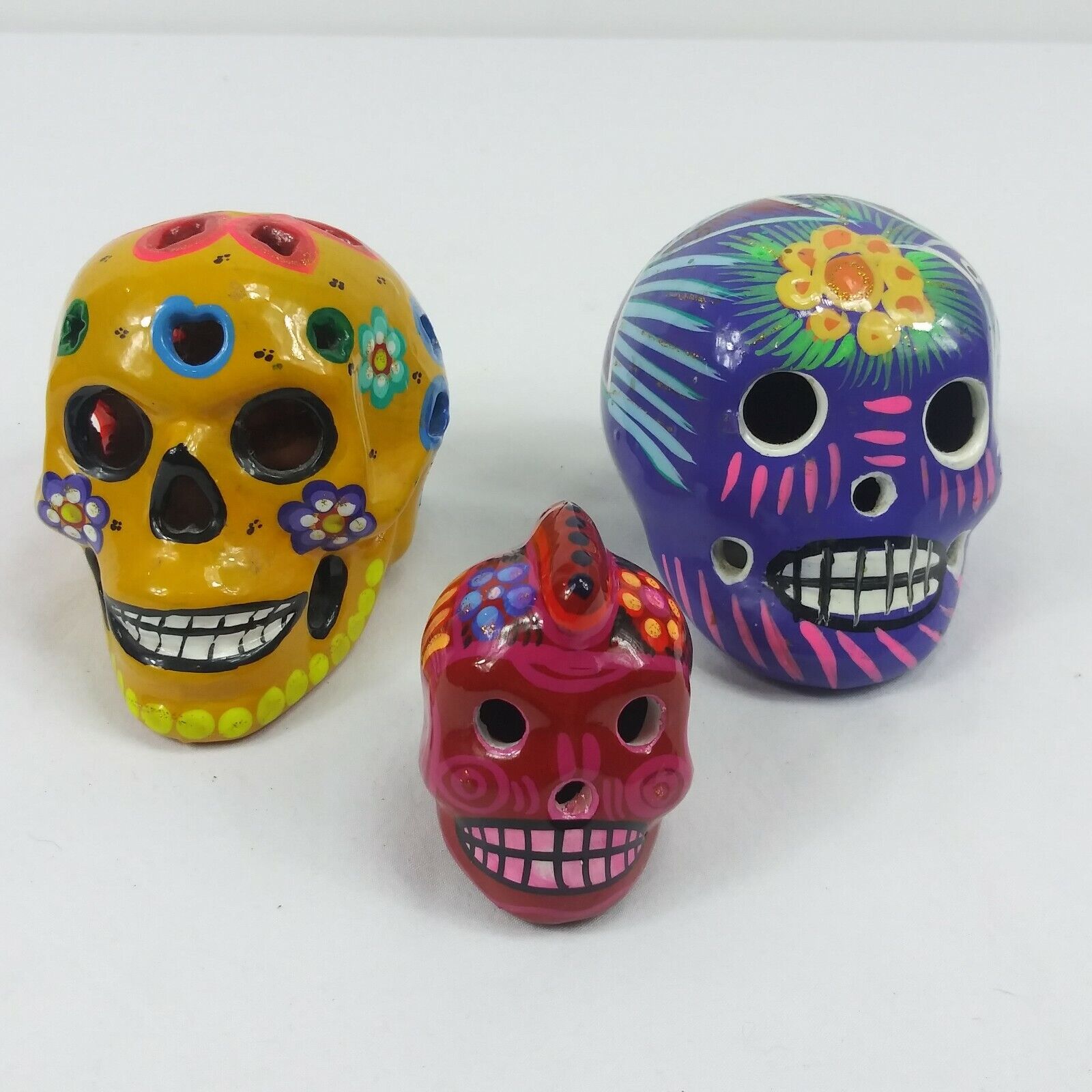 Sugar Skulls Lot Of 3 Ceramic Day of the Dead Handcrafted MEXICO Colorful 5\