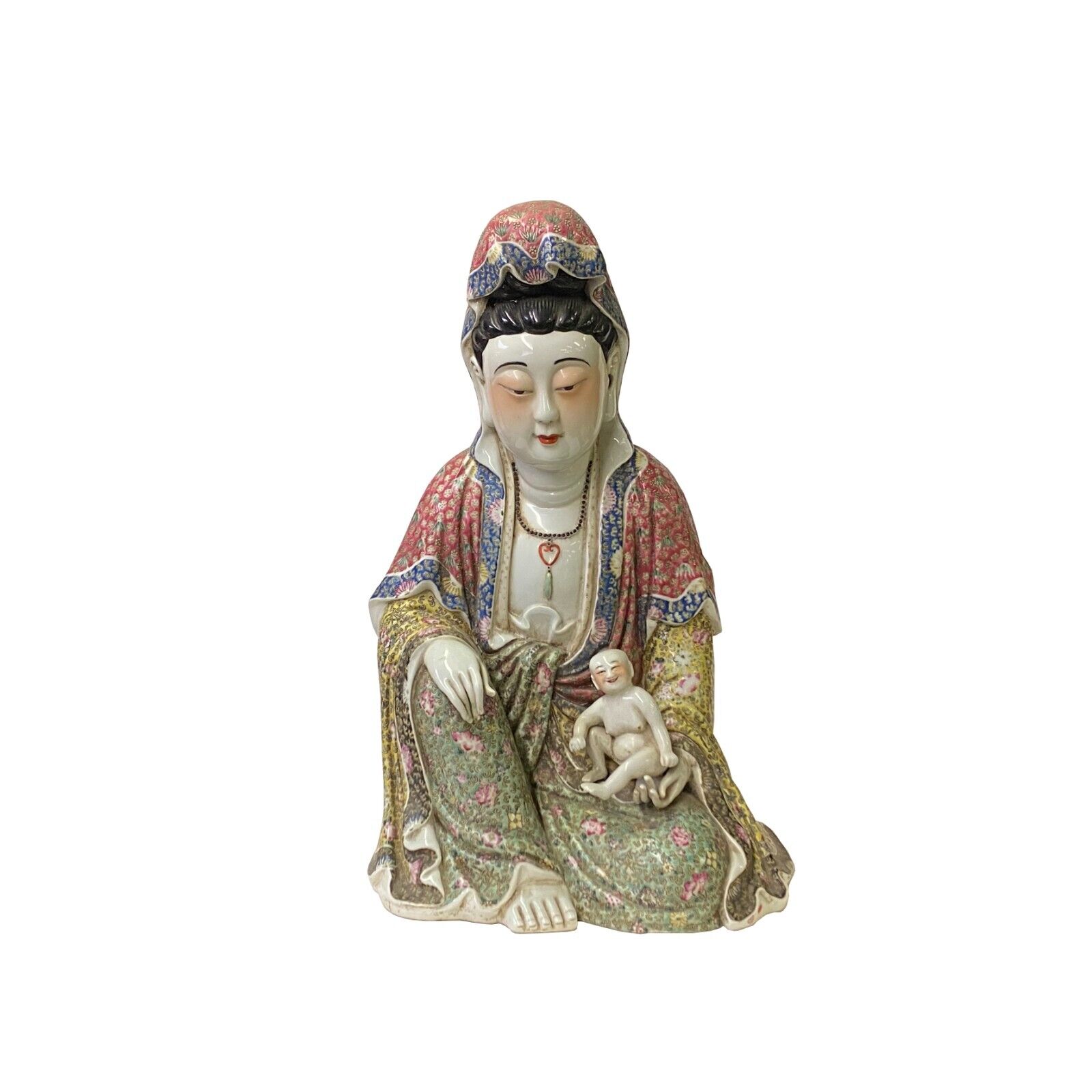 Vintage Chinese Fujian Ceramic Goddess Compassion Kwan Yin W/ Kid Statue ws3226